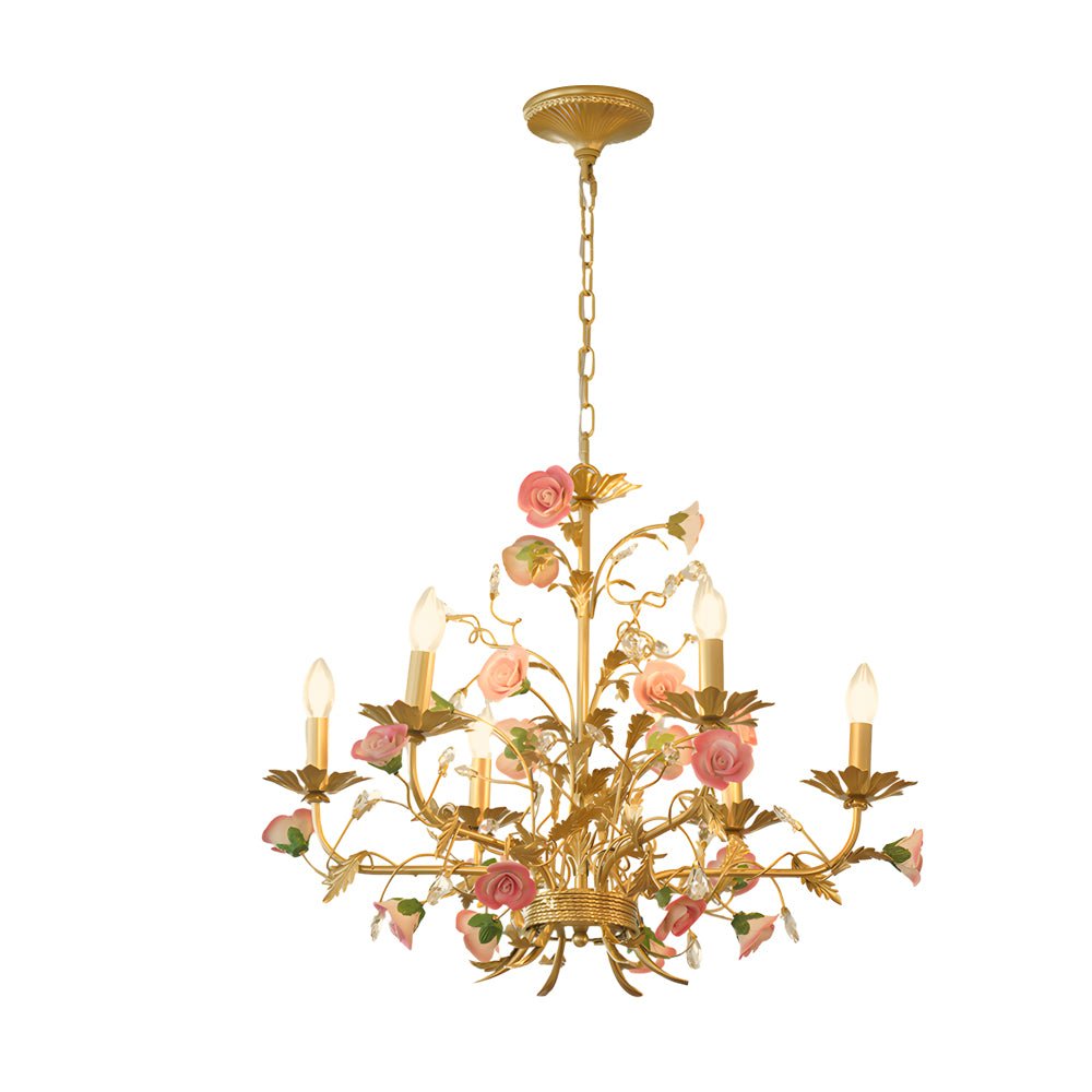 French Luxury Ceramic Pink Roses Chandeliers: 6/8 - Light Candlelight Pastoral Charm