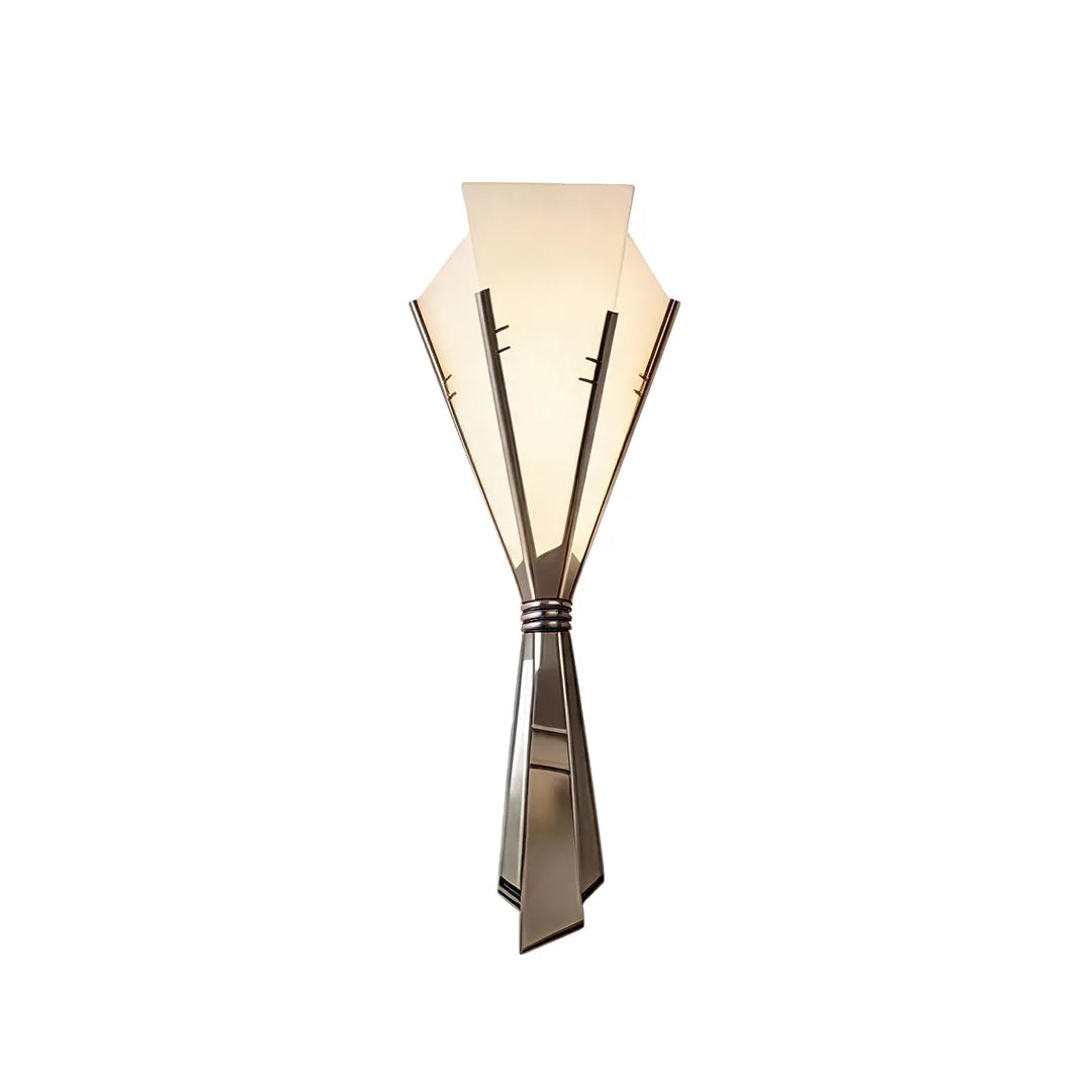 French wall sconces with a tapered shade and sculptural metal frame isolated on a white background.