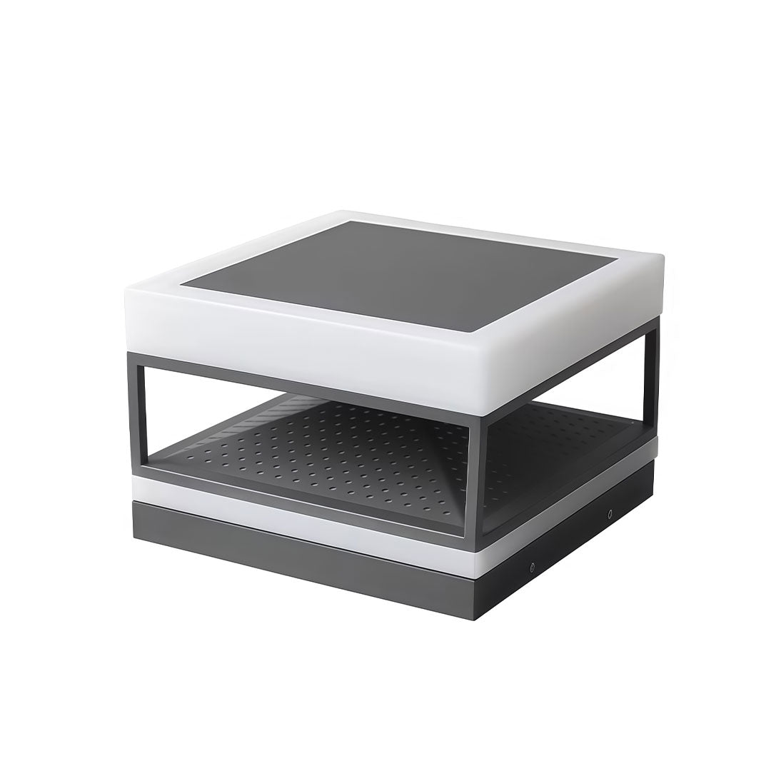 White pillar top light with a black metal frame and perforated sides, displayed from a front angle.