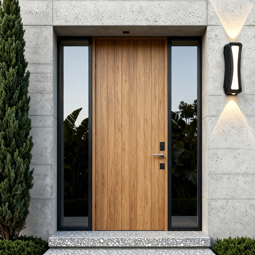 Modern up down outdoor wall lights mounted beside a wooden front door, adding warm architectural lighting.
