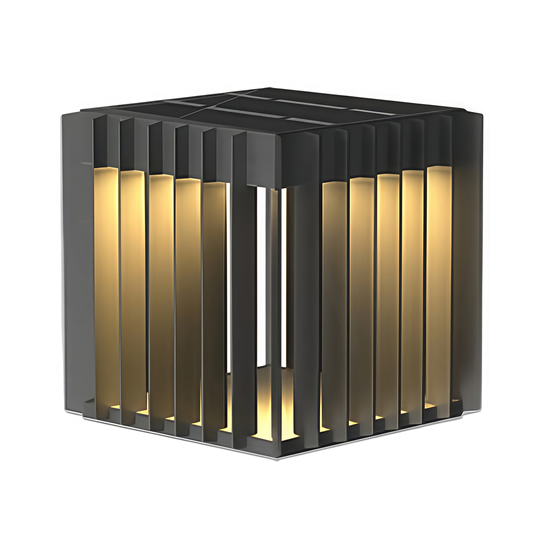 Modern slatted cube front pillar lights showcasing layered warm illumination and clean angles.