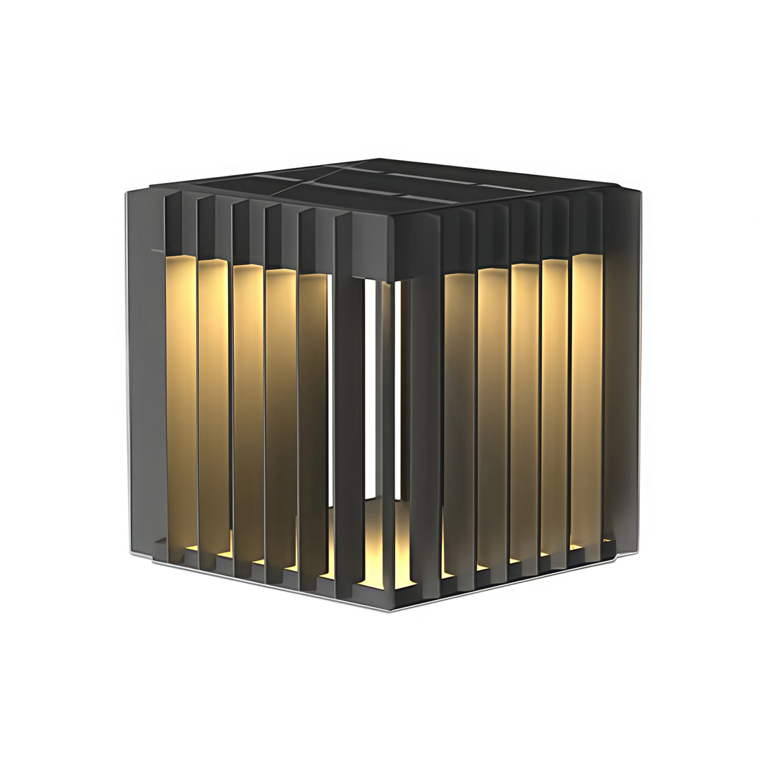 Elegant square front pillar lights with warm glow diffused through modern slatted panels.