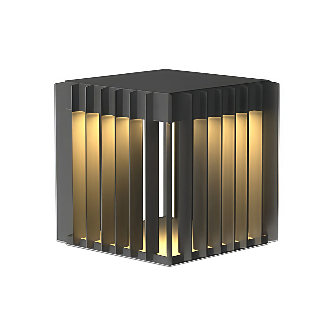 Stylish square front pillar lights featuring ribbed black housing and warm ambient illumination.