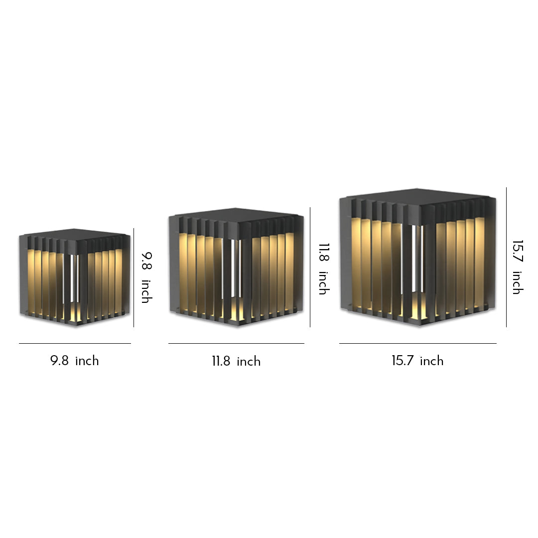 Modern square black front pillar lights in multiple sizes displayed against a clean background.