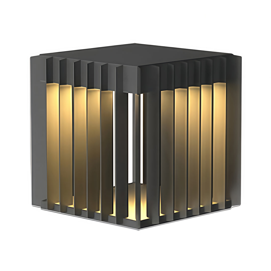 Contemporary front pillar lights with vertical light bars and a geometric cube structure.