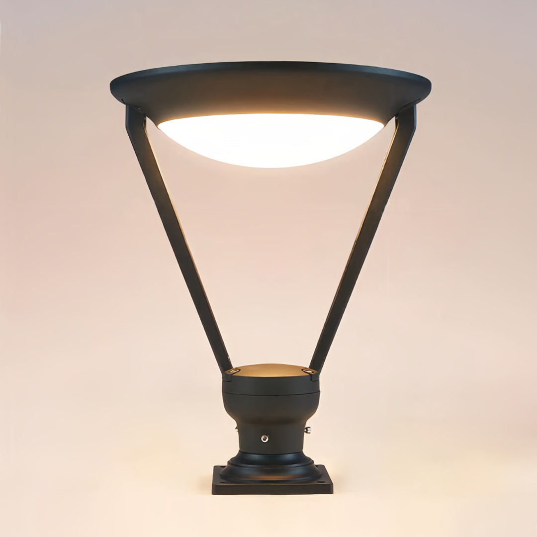 Front view of a single black external pillar lights fixture with a sleek, minimalist T-shaped post.