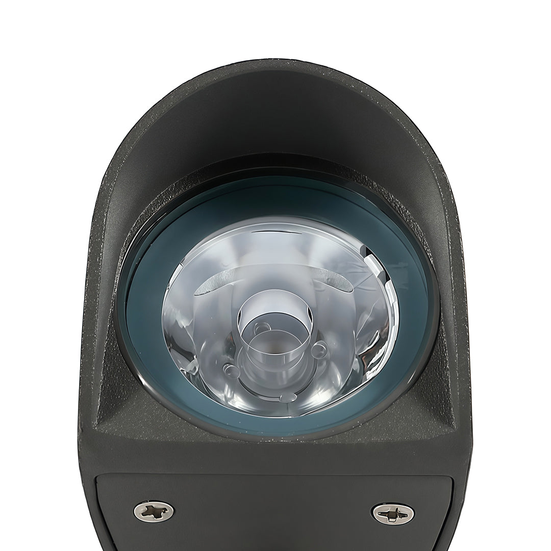 Front-facing view of decorative wall wash light with single LED lens.