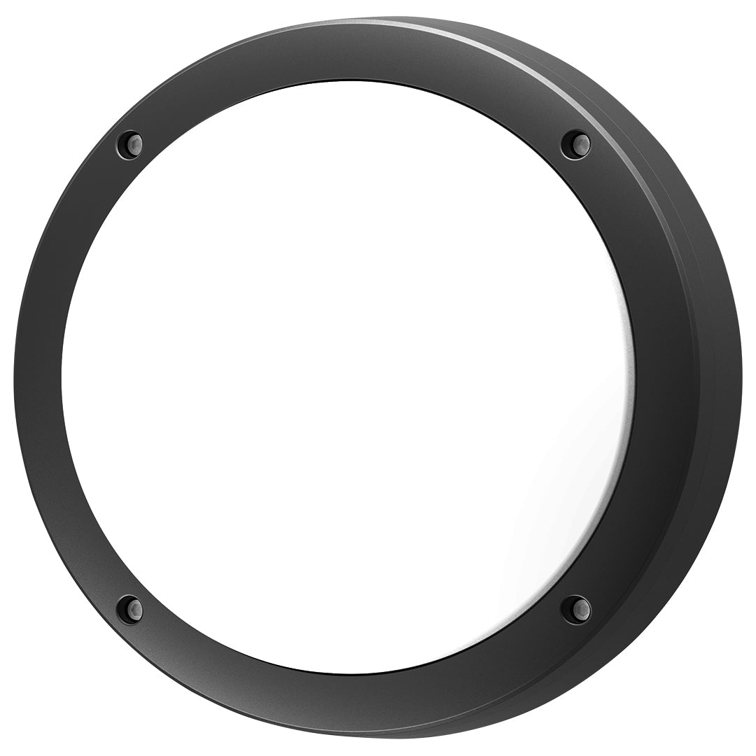Direct front view of the robust black metal bezel and secure mounting points of the round outdoor wall lights unit.