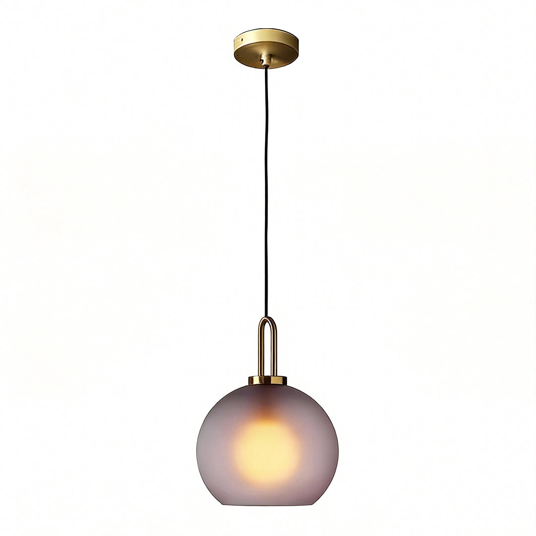 Frosted glass mini pendant light in gold, close-up of the gold hardware.