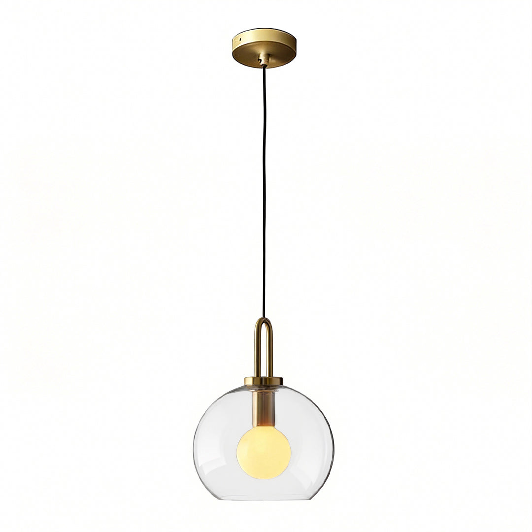 Frosted glass mini pendant light in gold, side view of the elegant design.