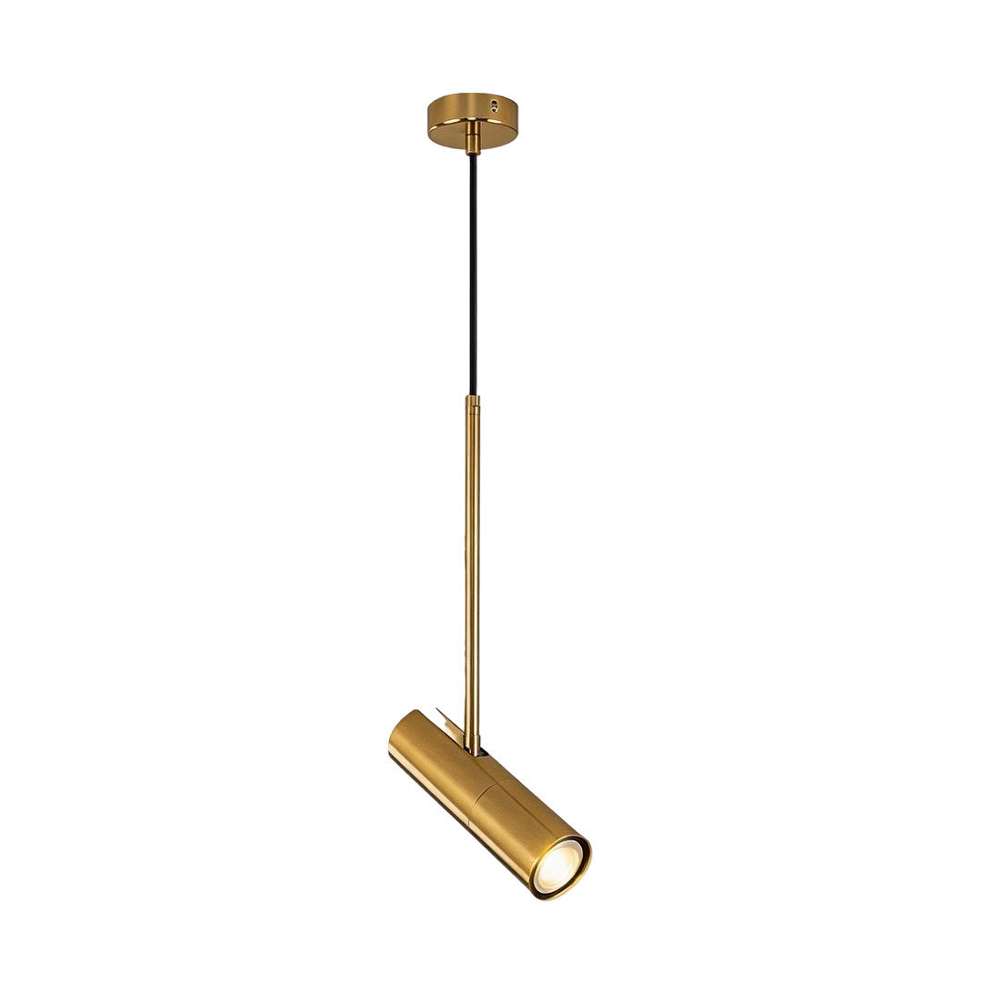 Full gold metallic adjustable cylindrical pendant light hanging in front of white background.