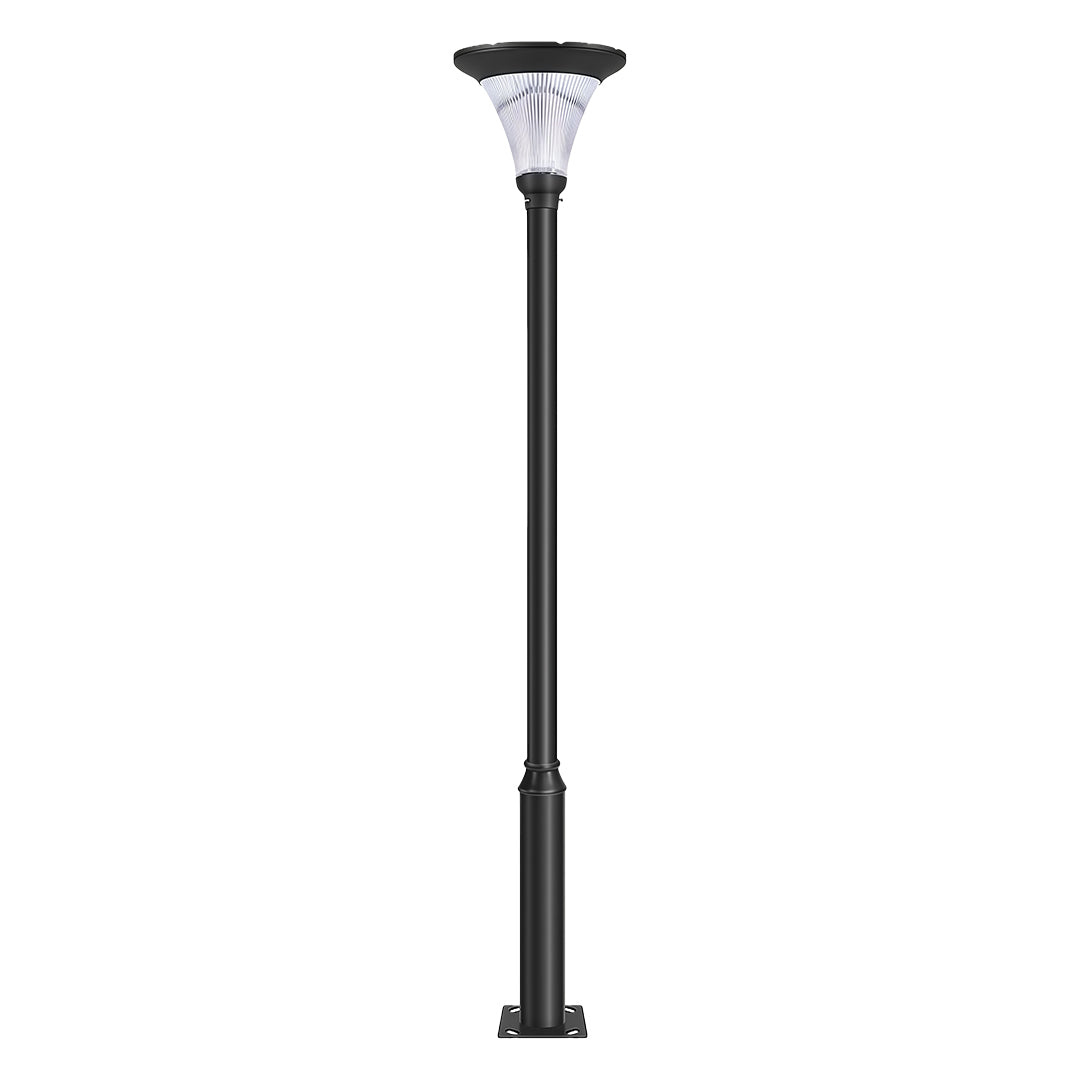 Full-height solar commercial street lighting fixture featuring a classic black post and 'halo' light head.