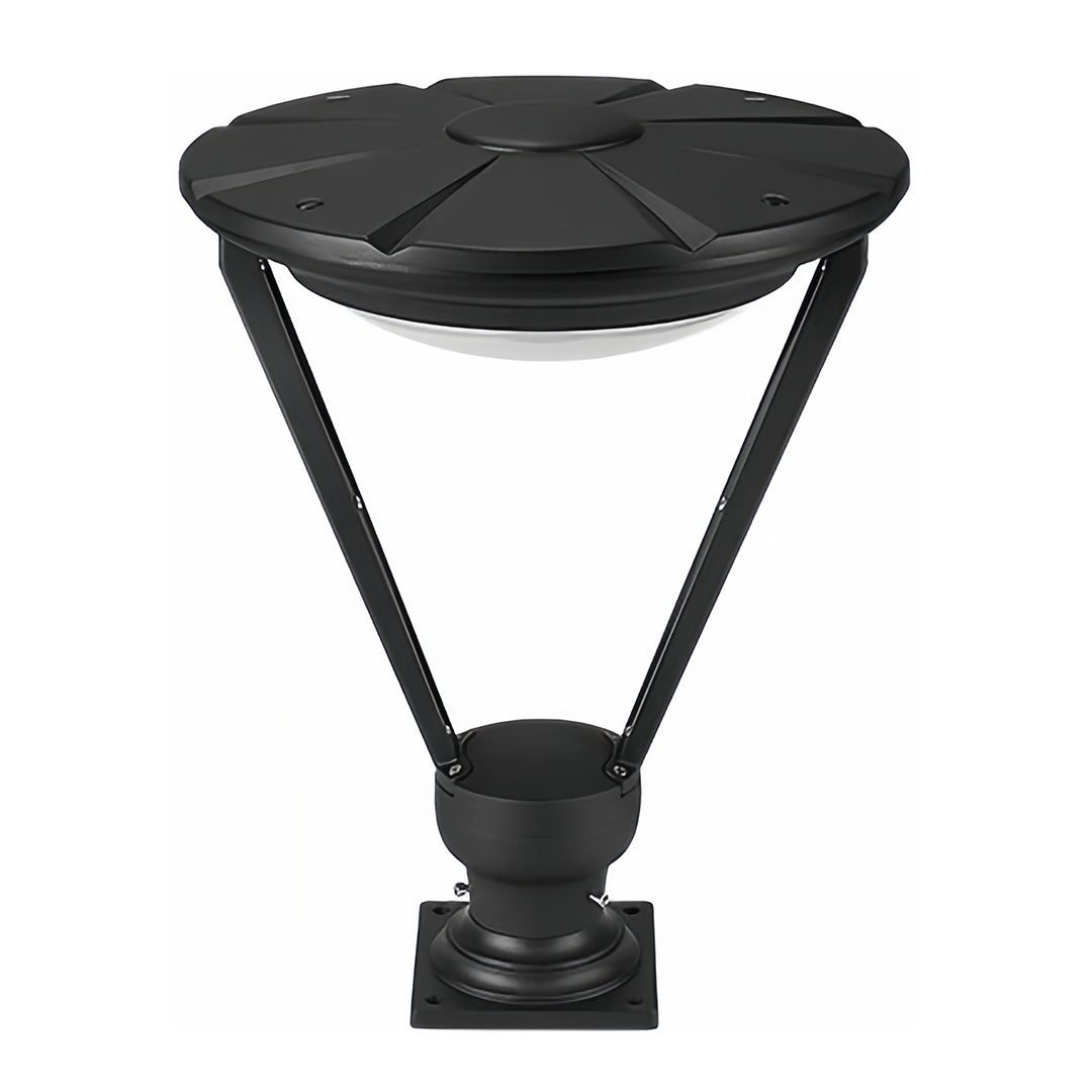 Full isolated product view of the contemporary black external pillar lights with a wide solar panel top.
