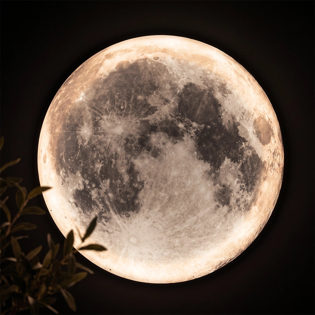 Illuminated full moon lamp wall light with realistic lunar texture and a warm glowing edge against a dark background.