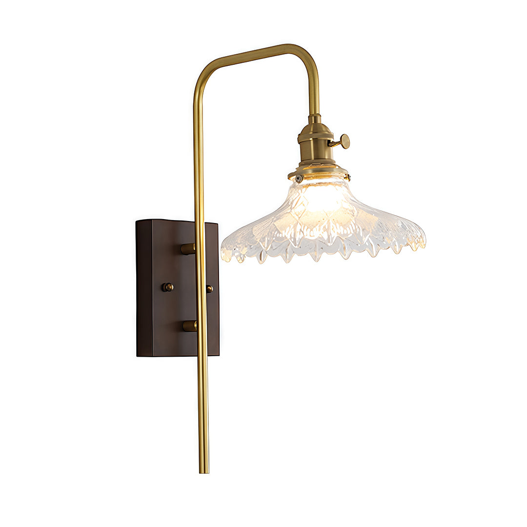 Full product shot of the long-armed brass glass wall lights with a delicate scalloped clear glass shade.