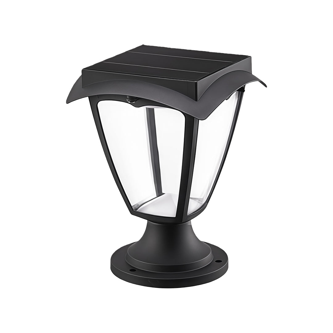 Full product photo of the classic black solar light pillar lantern, shown unlit on a white background.