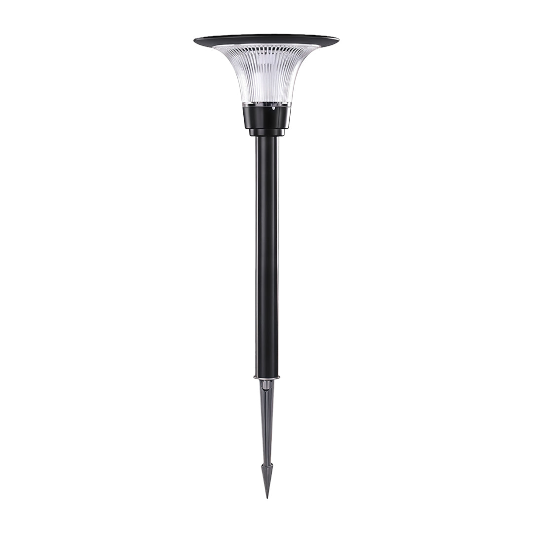 Full product photo of the modern black solar pathway lights stake with a 'halo' solar panel, isolated on white.