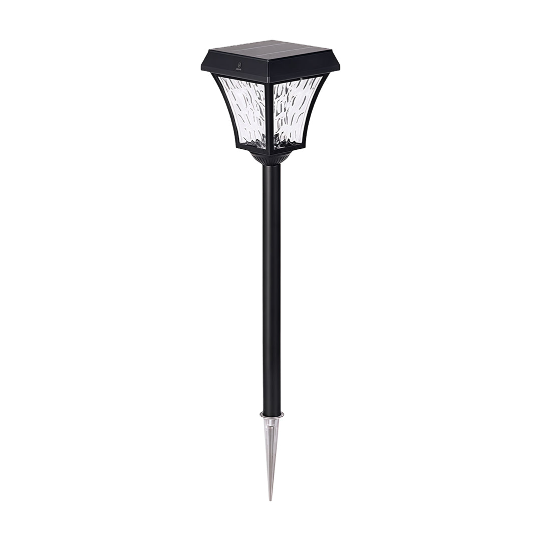 Full product photo of the unlit outdoor solar path lighting stake, isolated on a white background.