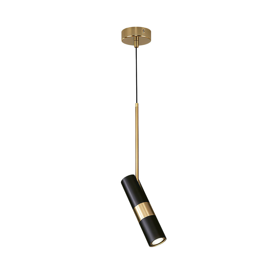 Full view of the black gold adjustable cylindrical pendant light including canopy and cord set.