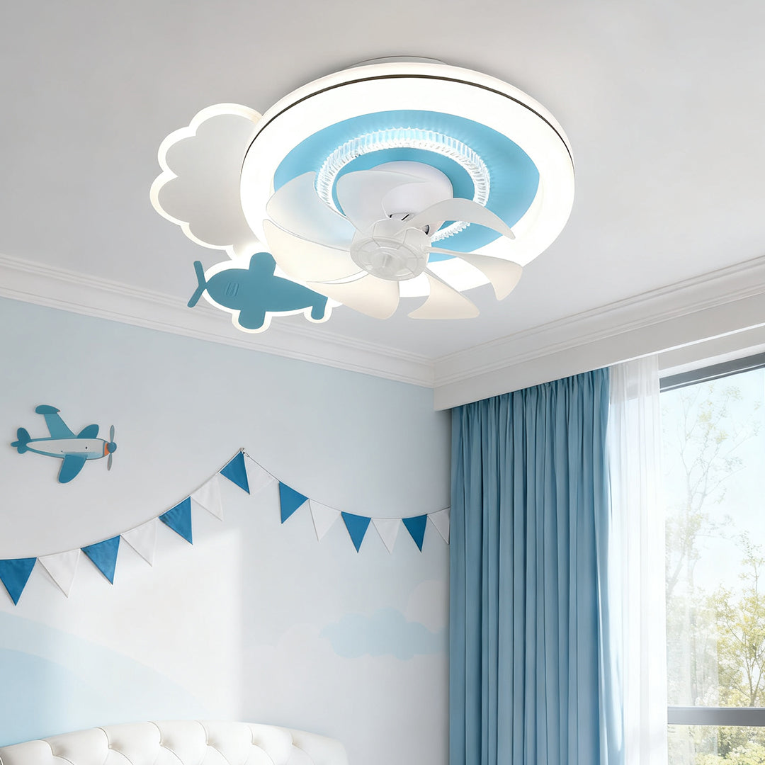 The fun, blue children's ceiling fans with lights with hidden blades and airplane decoration, ideal for a brightly lit kid's room. 