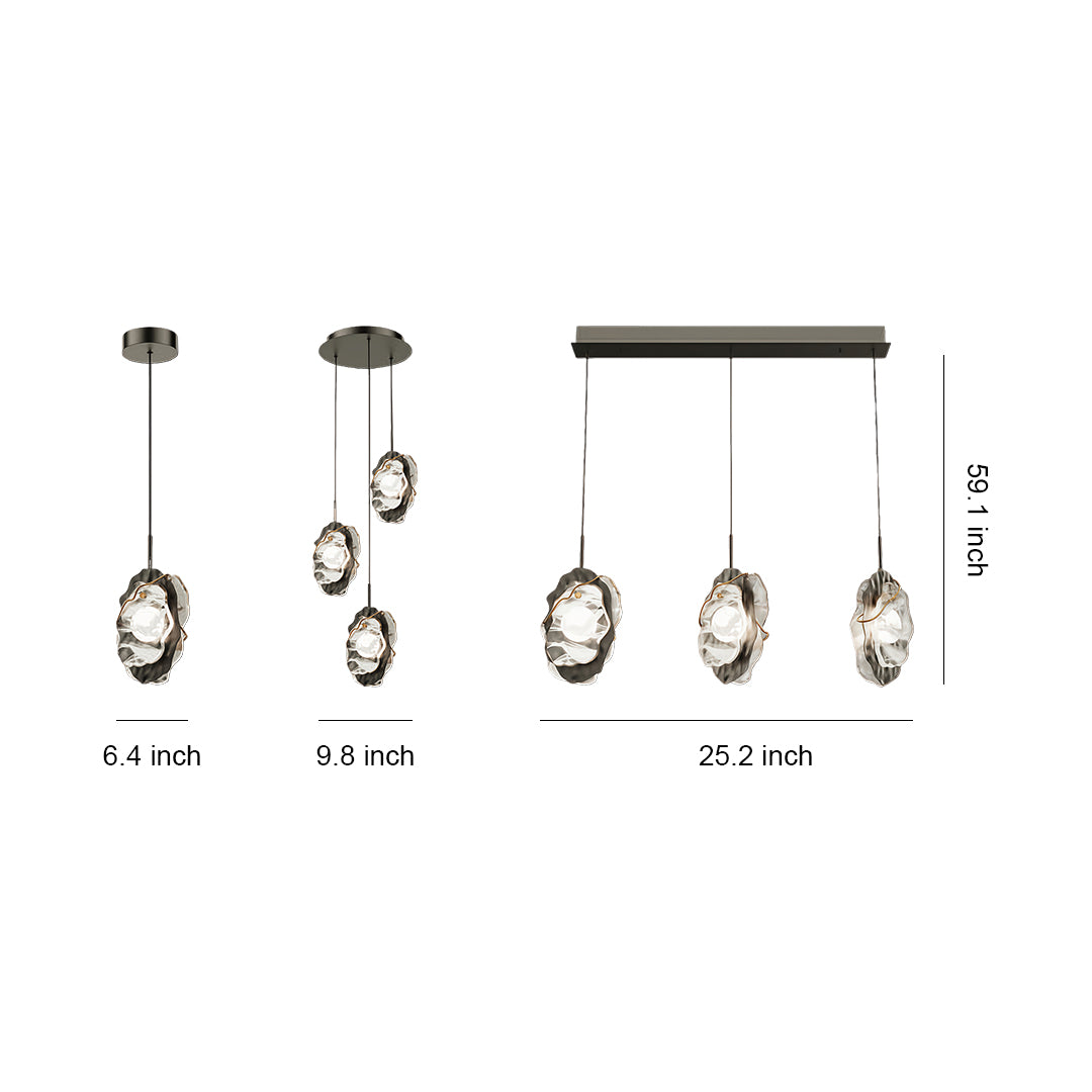 Fun pendant light collection showing various configurations from single to multi-light linear arrangements with organic glass shades