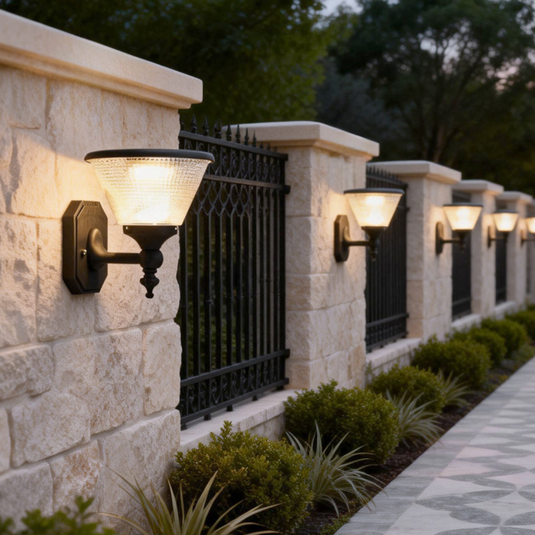 Funnel wall light with classic black finish mounted along a stone fence, illuminating a garden pathway at dusk.