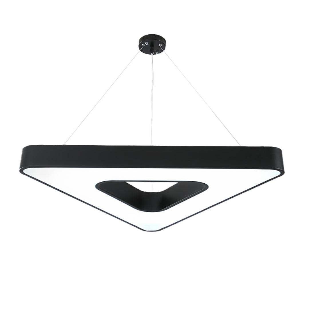 A bold black modern chandelier, featuring a unique triangle pattern for a stylish and futuristic look.