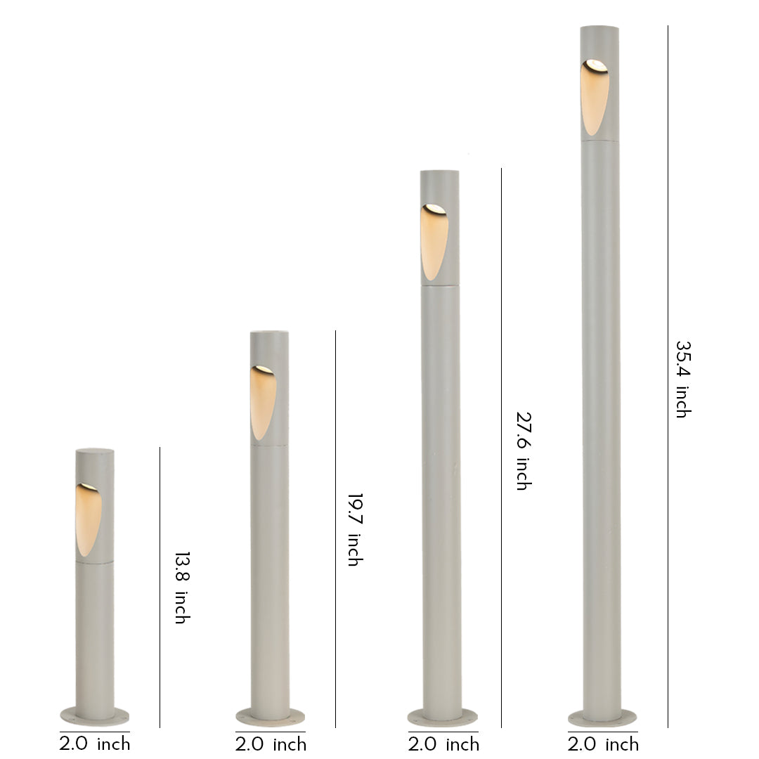 Multiple slim modern pole fixtures in varying heights, designed as garden bollard led lights for pathway illumination.