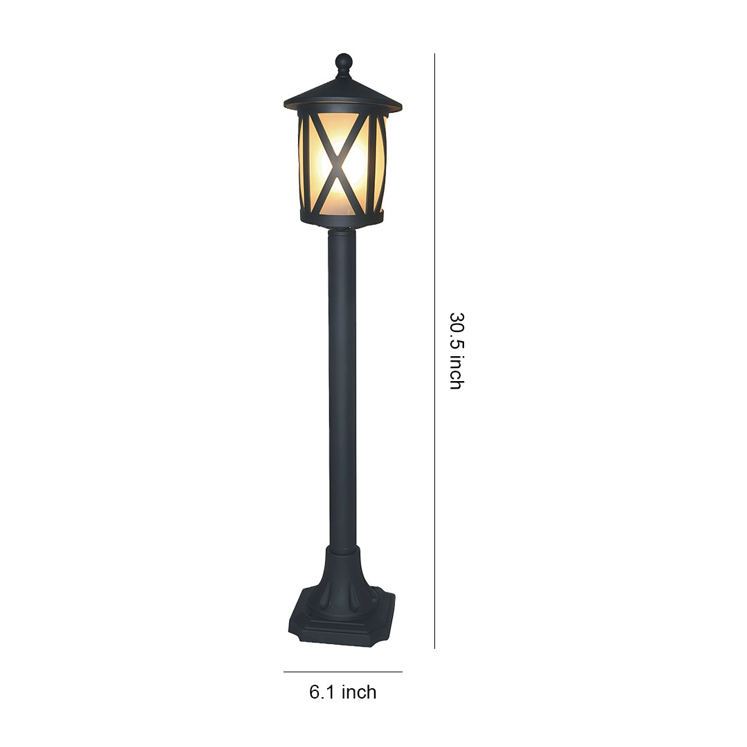 Garden bollard light with X-pattern frosted glass and black metal frame, displayed with height measurement reference