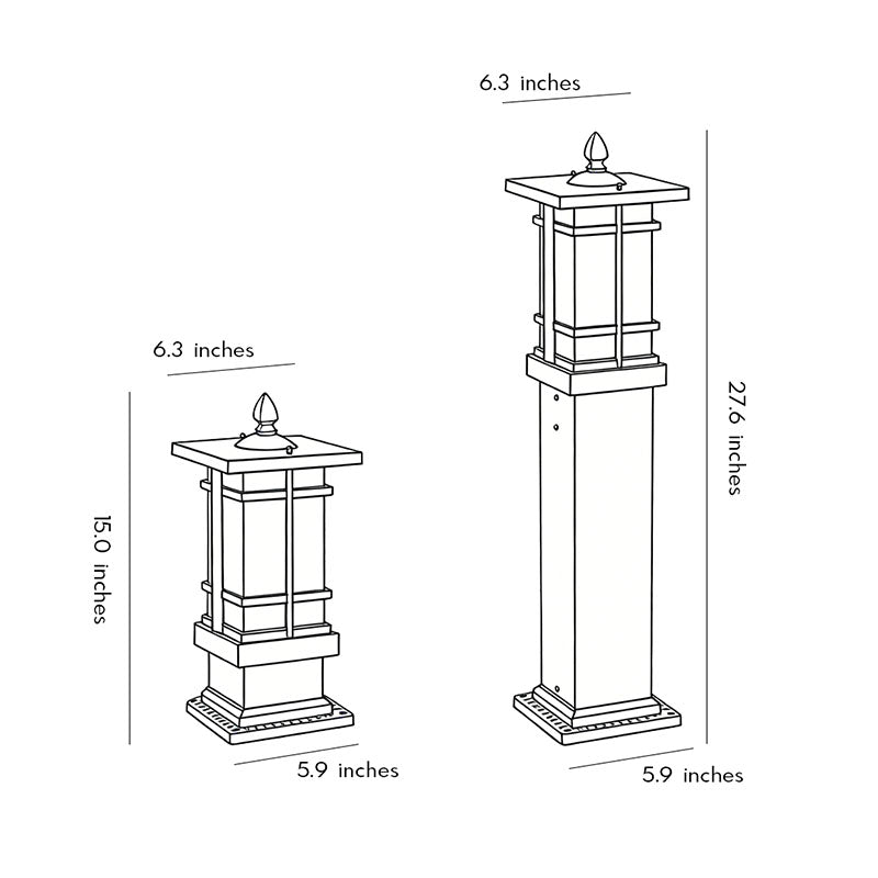 Technical diagram showing dimensions and structure of garden bollard lighting models.