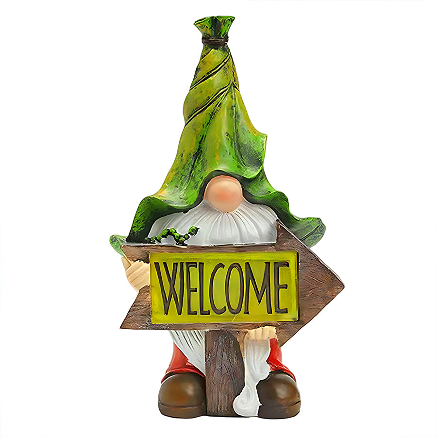 Garden gnome with welcome sign and LED lighting perfect for outdoor pathway decoration
