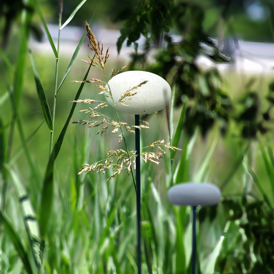 White mushroom pathway lights placed among fresh green plants in a vibrant outdoor garden.