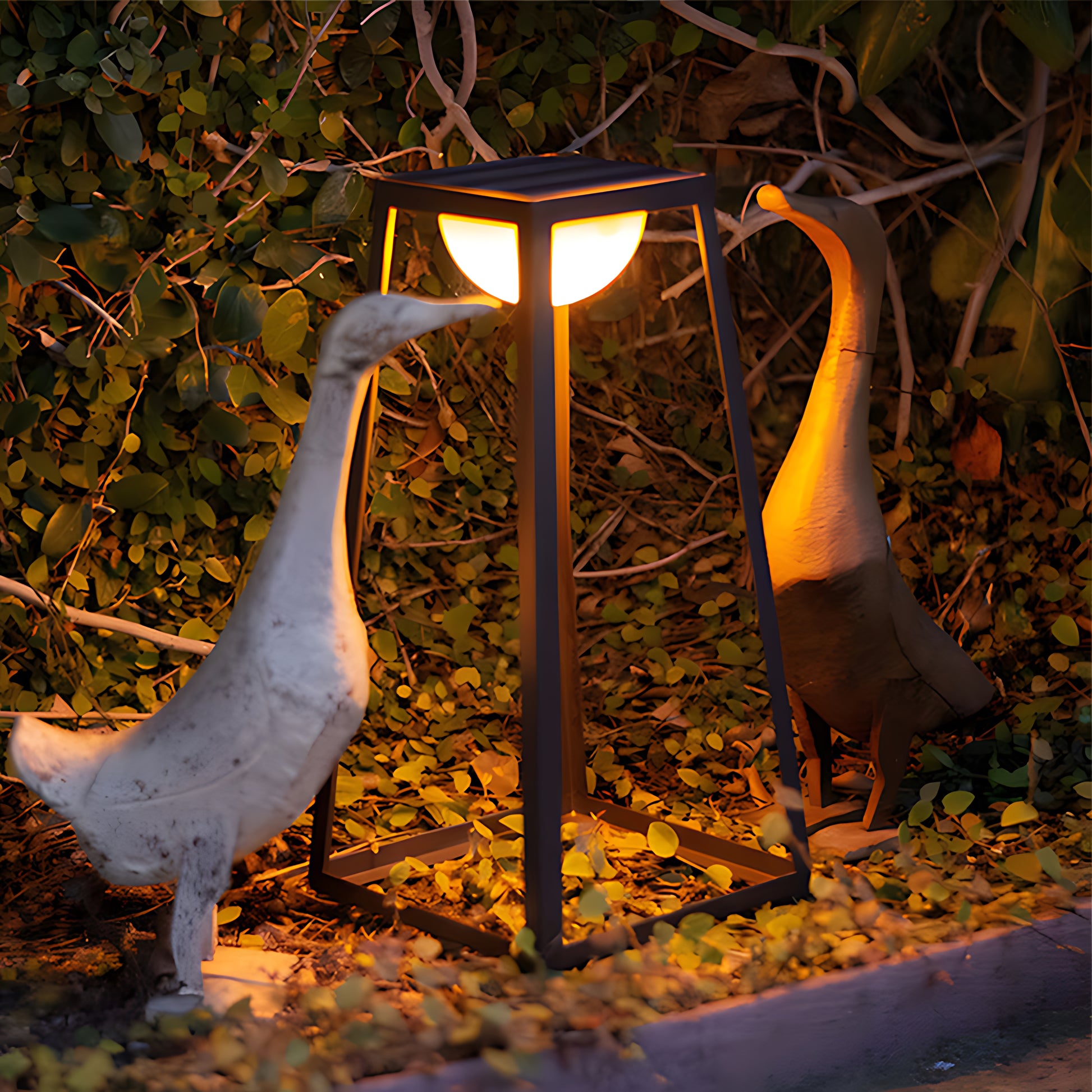 Garden lantern with white bird perched nearby creating charming wildlife interaction in evening light