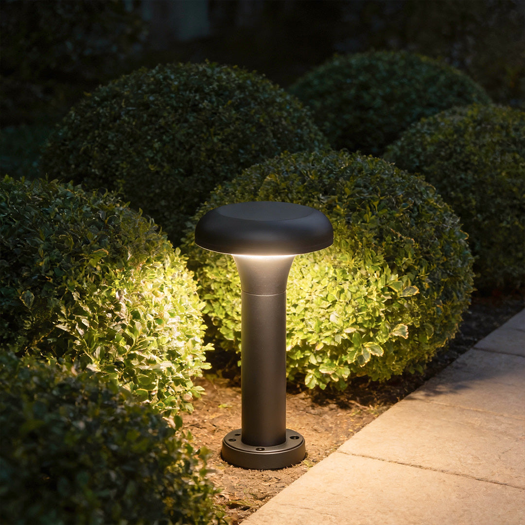Garden led lights placed beside trimmed bushes, providing focused landscape lighting that highlights greenery and improves nighttime visibility.