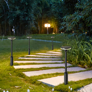 garden path lighting fixtures lining a backyard walkway with warm ambient glow