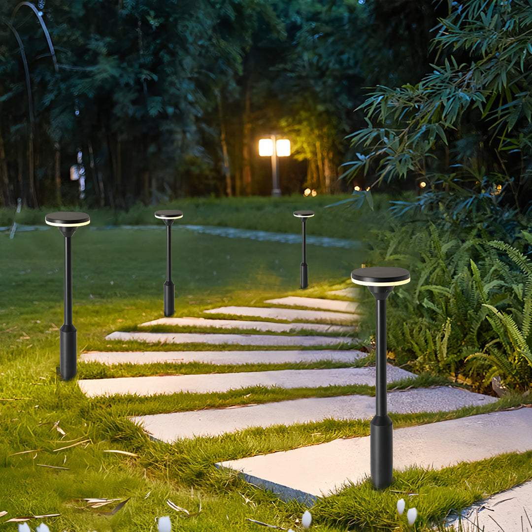 garden path lighting fixtures lining a backyard walkway with warm ambient glow
