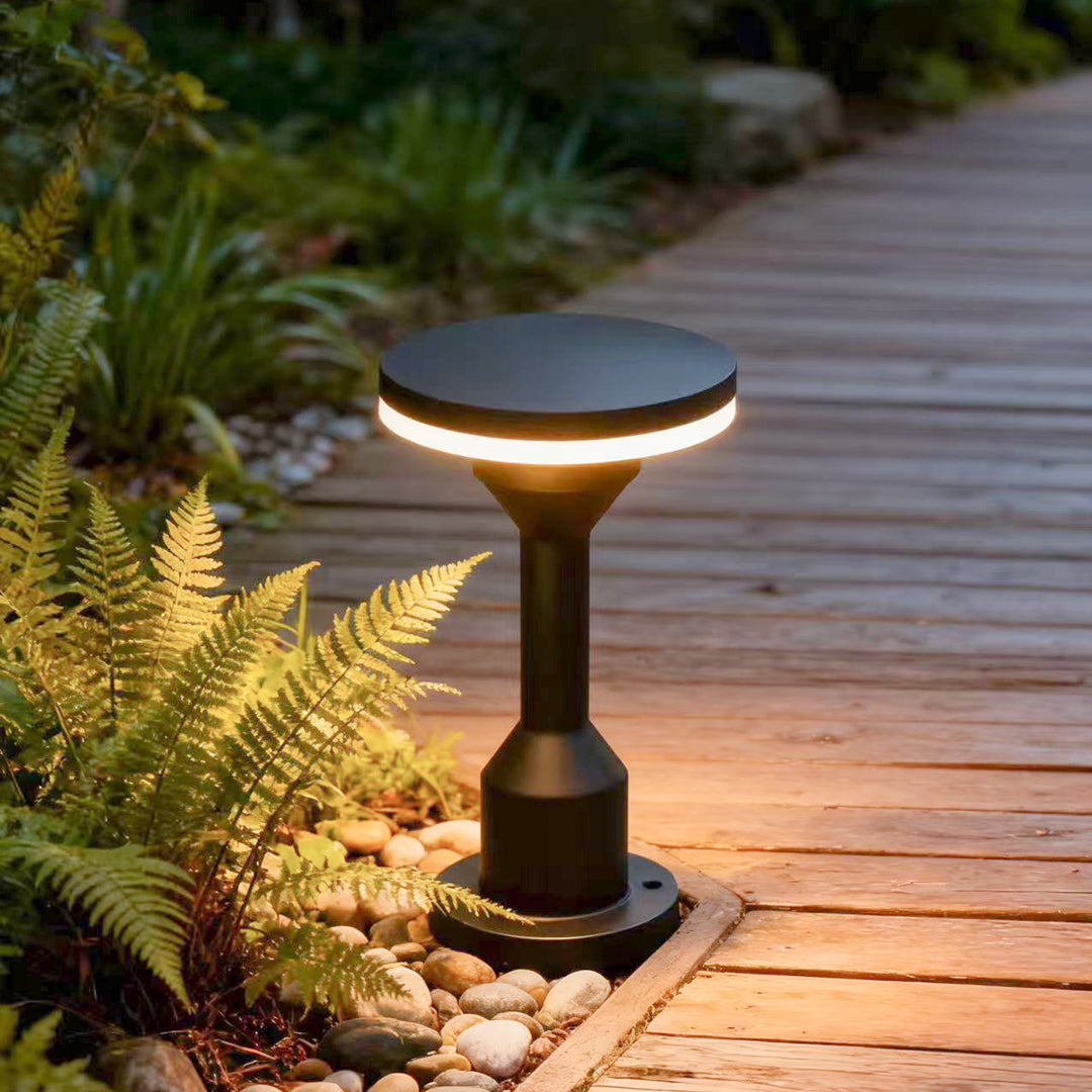 solar garden path lighting illuminating wooden walkway with soft warm light