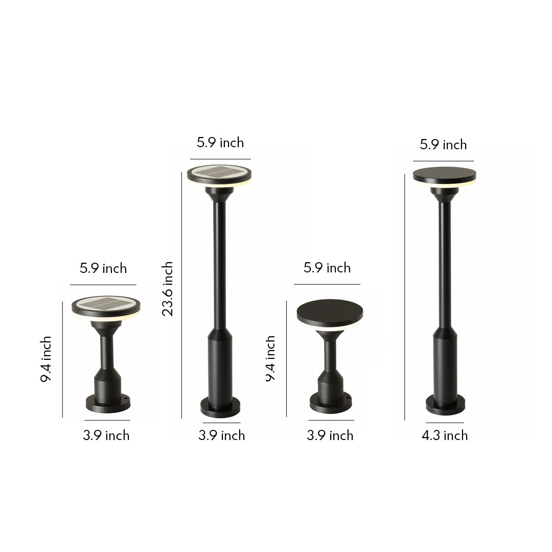 set of modern garden path lighting fixtures with height and top design variations