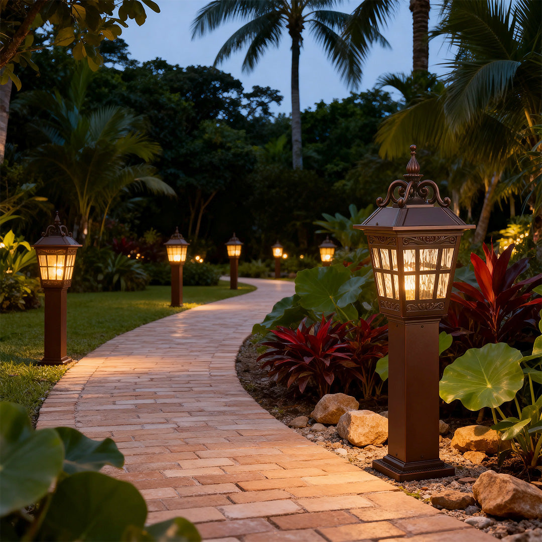 External bollard lights along a garden pathway, elegant and functional outdoor lighting solution