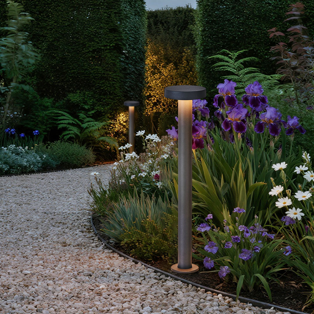 LED path lights enhancing garden pathway through colorful flower beds with evening landscape lighting