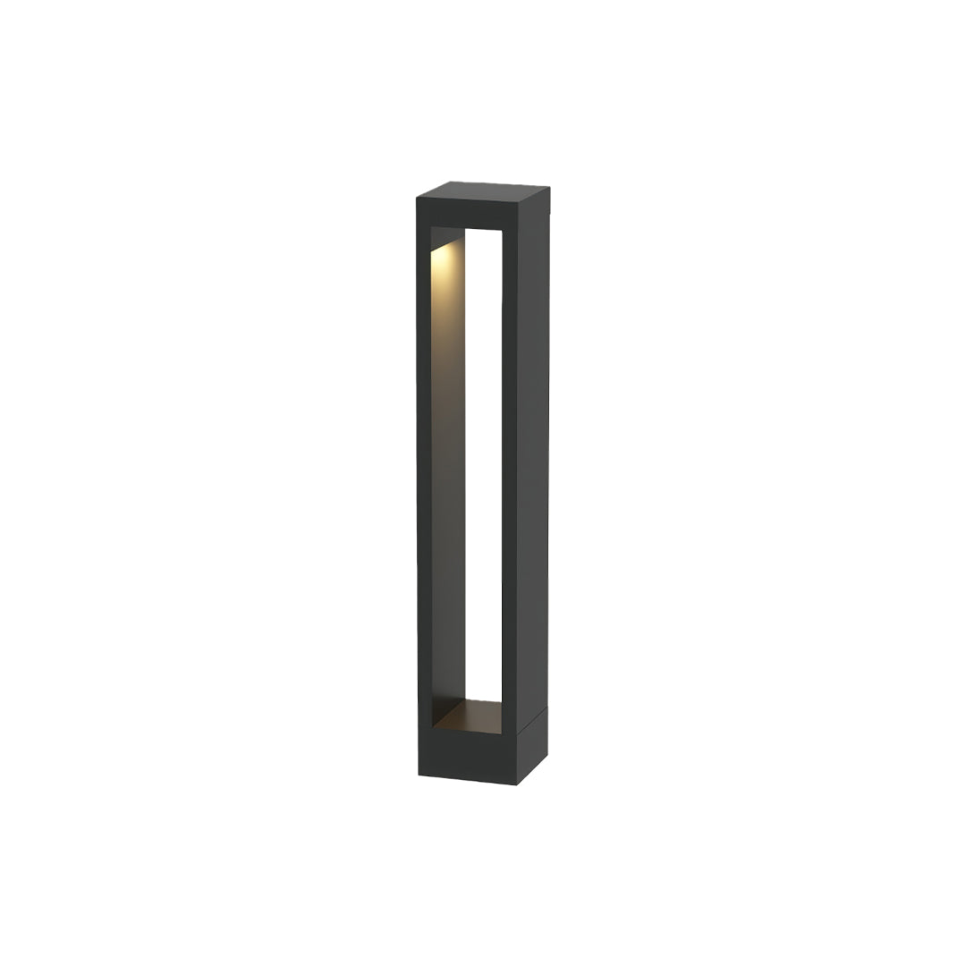 Garden pathway light featuring a minimalist black rectangular frame and warm light.