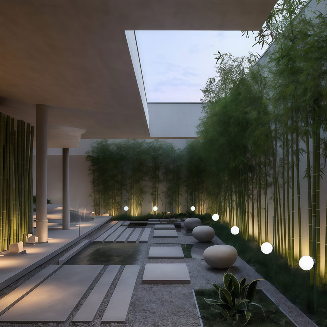 Warm pathway post lights lining a modern outdoor corridor, enhancing the walkway with inviting garden pathway lighting.
