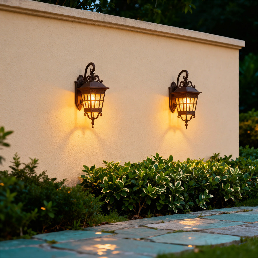Outdoor patio wall lights along a garden pathway, elegant and functional exterior lighting