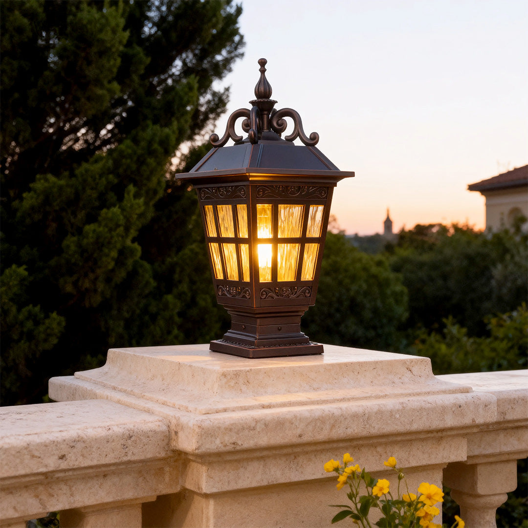 Pillar garden light illuminating a garden pathway, stylish and warm outdoor lighting solution