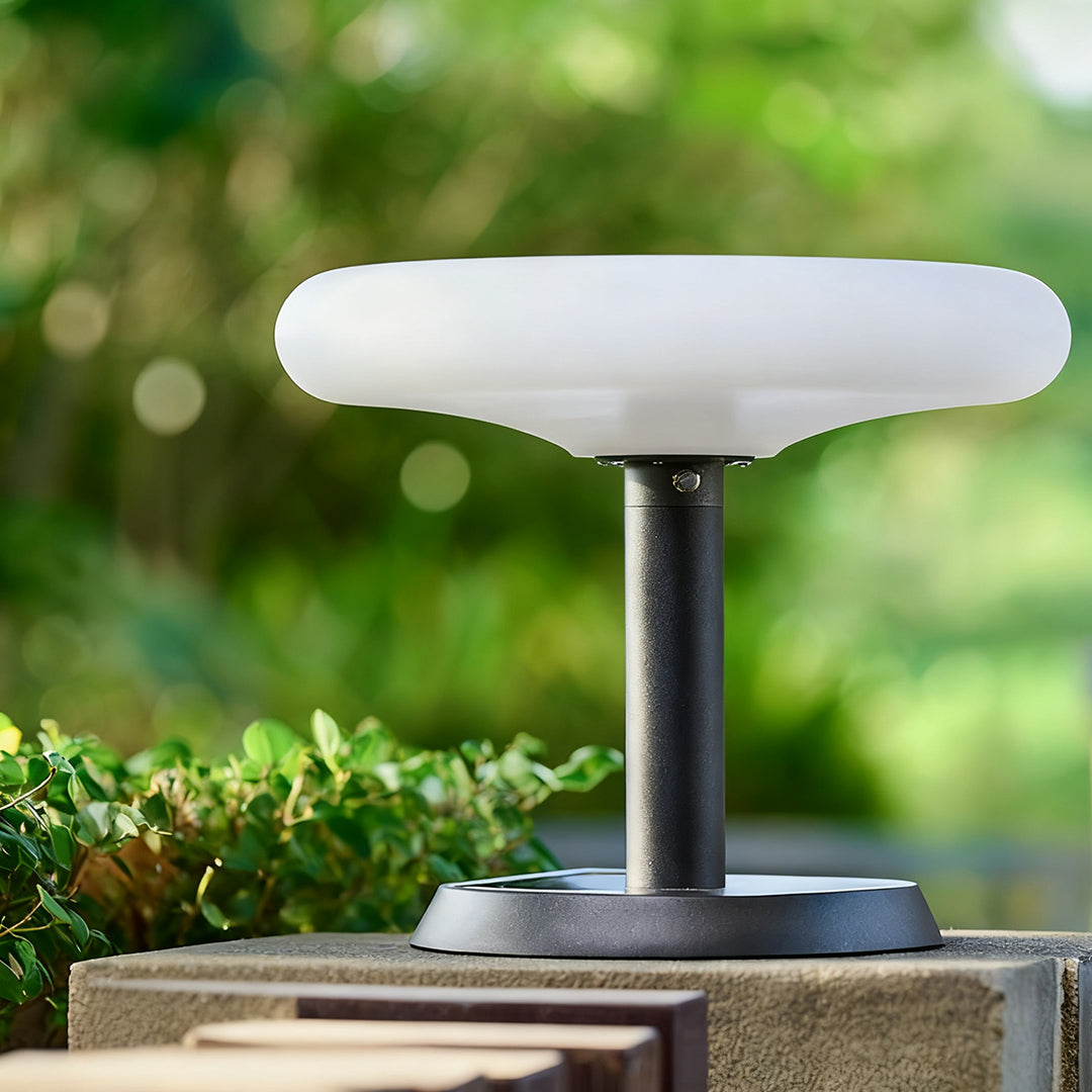 Solar LED post light illuminating a garden pathway, stylish and energy-efficient outdoor lighting