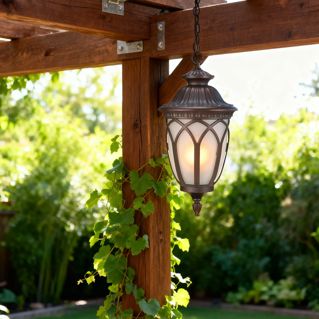 Pendant outdoor light in a garden pergola, warm and inviting exterior lighting fixture