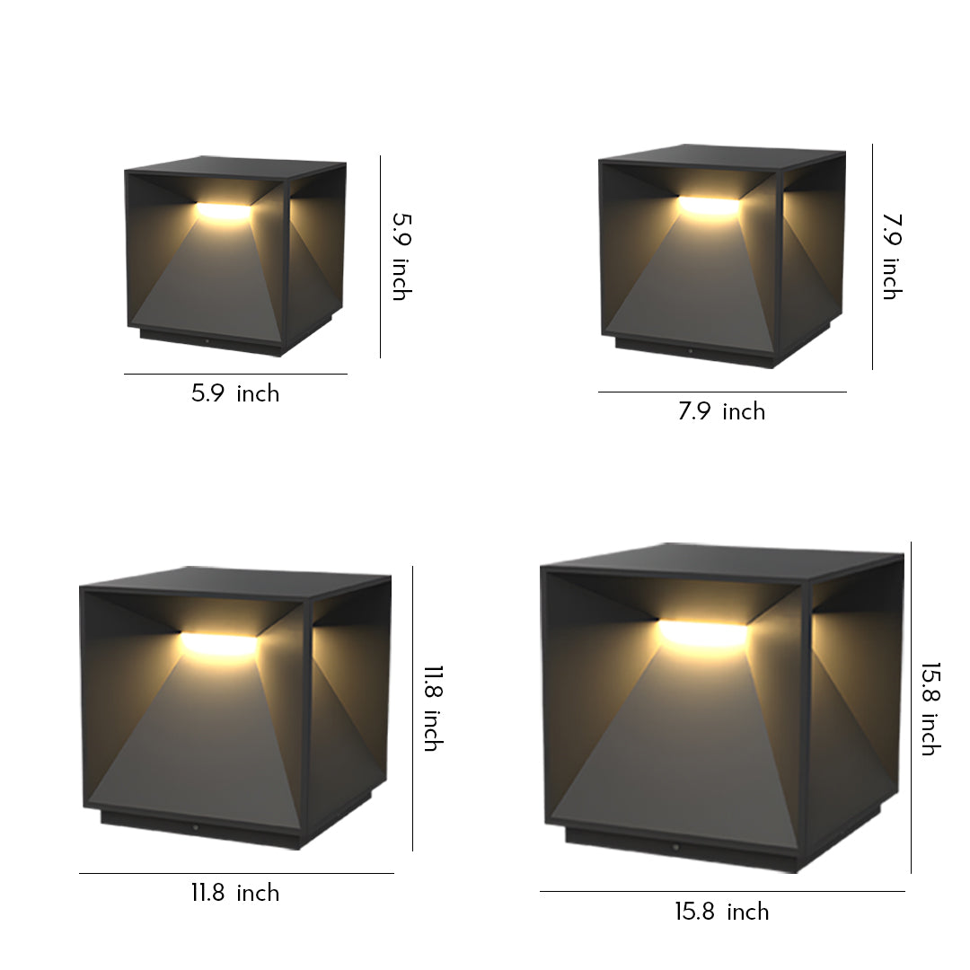 A geometric cube-style garden pillar lights outdoor fixture with a warm glow and modern architectural look.