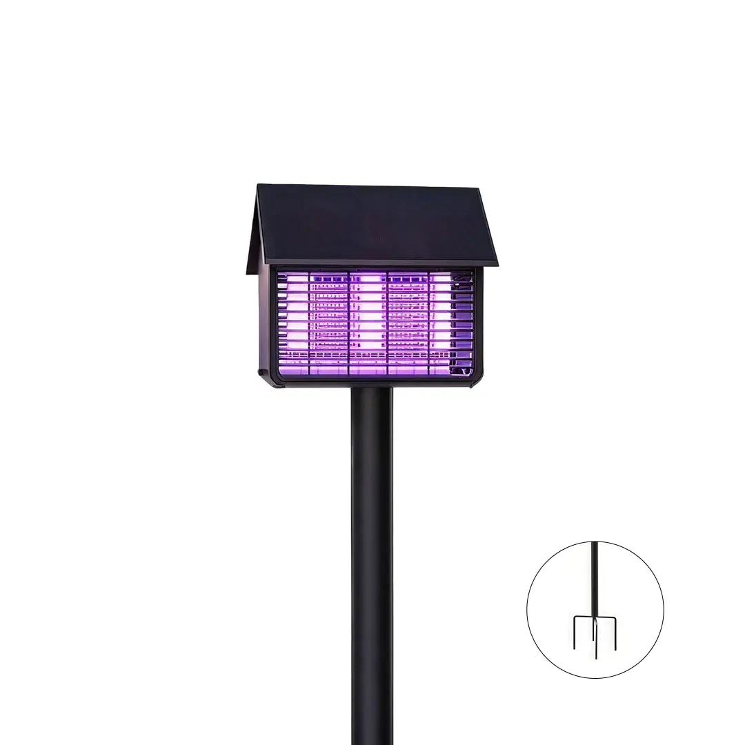 Garden solar path lights in a black stake-mounted design with a purple insect-zapper style light.