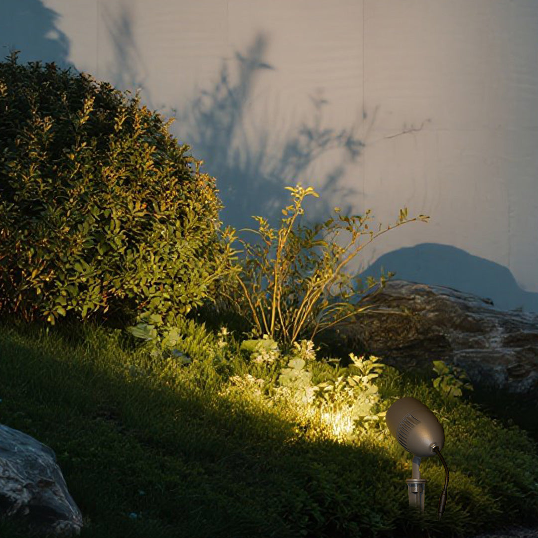 Garden spotlight illuminating tree trunk and foliage with warm accent lighting at night