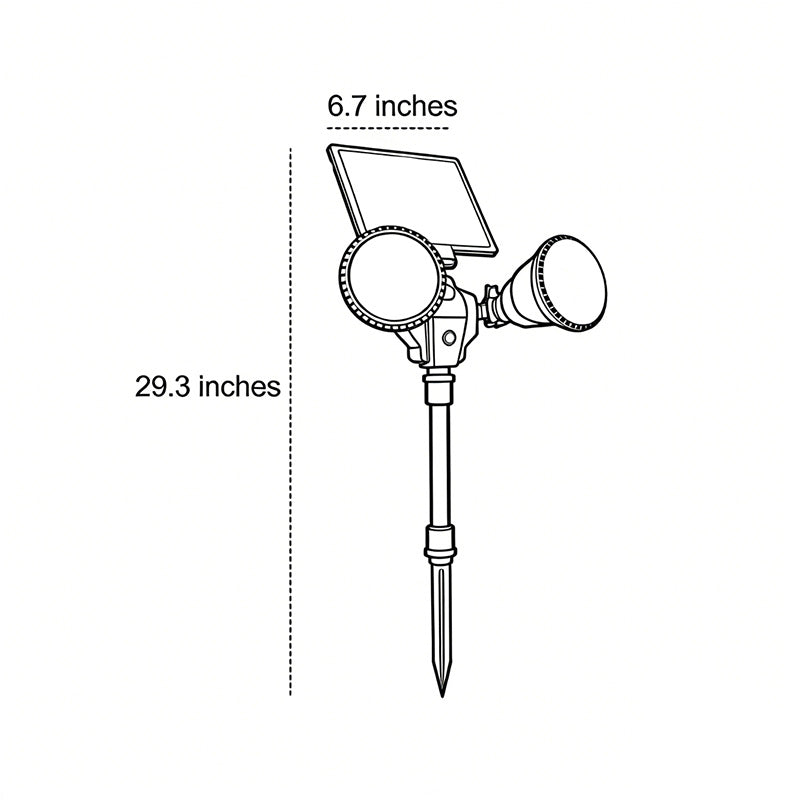 Line drawing of garden spotlights solar powered dimensions, providing installation specifications.